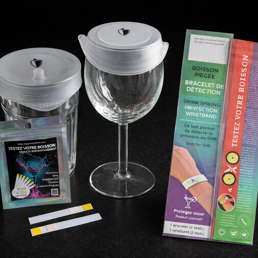 Kit de sécurité anti-drogue Emma Protect avec bracelet détection GHB, bandelettes test boisson et couvre-verre réutilisable ALT :
kit anti drogue boisson ghb test bandelette soirée
detection drogue verre ghb test rapide femme sécurité
bracelet detection ghb soirée protection boisson