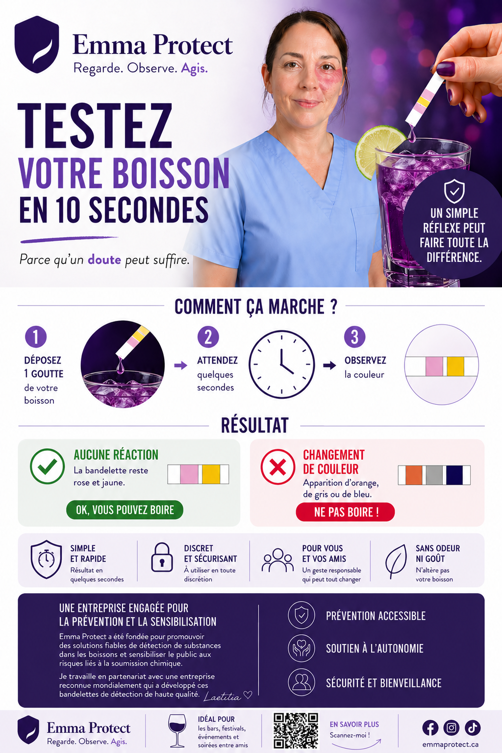 Bandelettes test drogue boisson (x5) | Détection GHB, drogues | Sécurité soirée | Emma Protect
