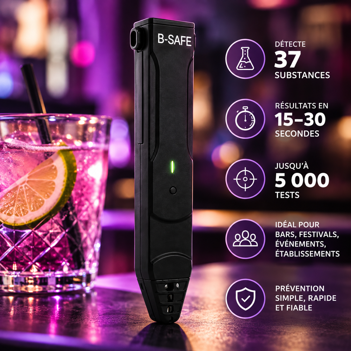 Détecteur de drogues dans les boissons B-SAFE – Emma Protect