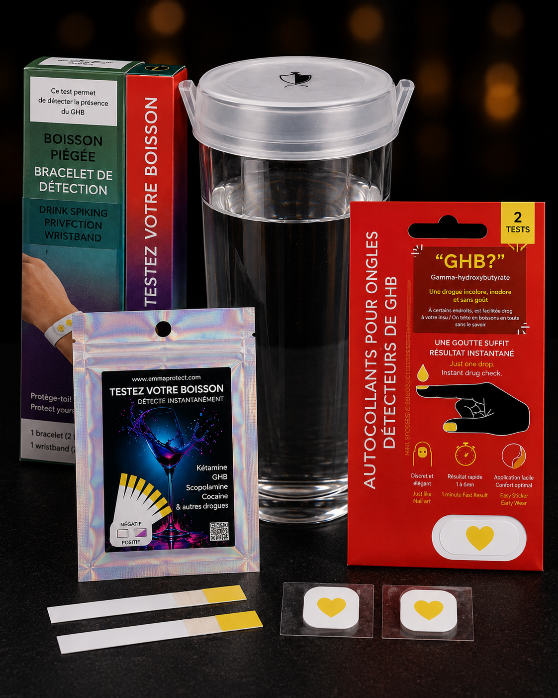 Kit complet anti-drogue boisson – Détecteur GHB & test boisson soirée